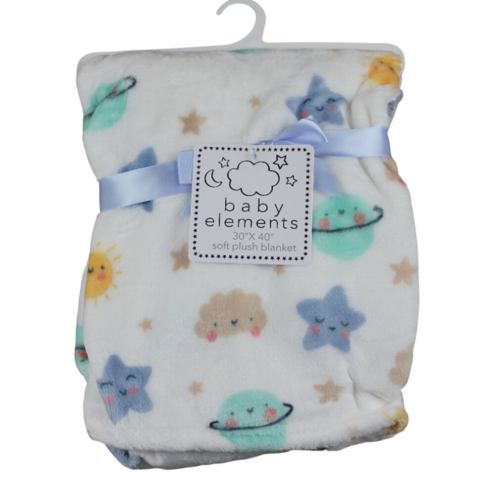 Baby Elements Planet Star Soft Plush Fleece Blanket Infant Boys White Space NWT